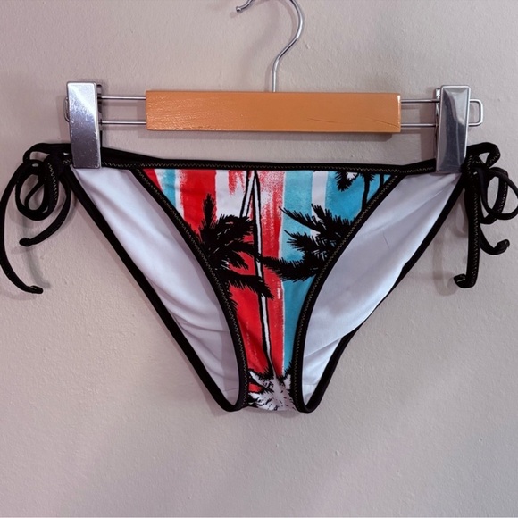 Aerie SWIM TEENY Red & Blue Palm Tree Bikini Bottom Black Trim & Ties - Picture 1 of 6